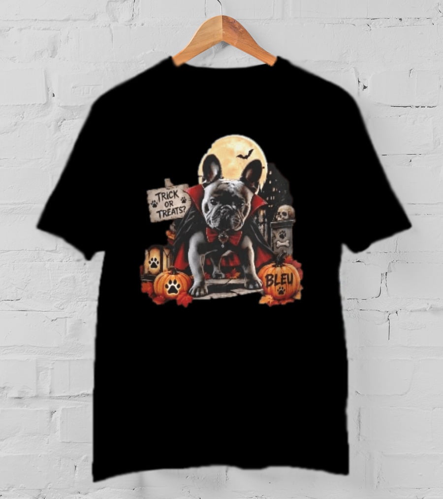 Trick Or Treats Bleu French Bulldog Vampire Cape Moon Pumpkins Halloween Scene T-Shirt