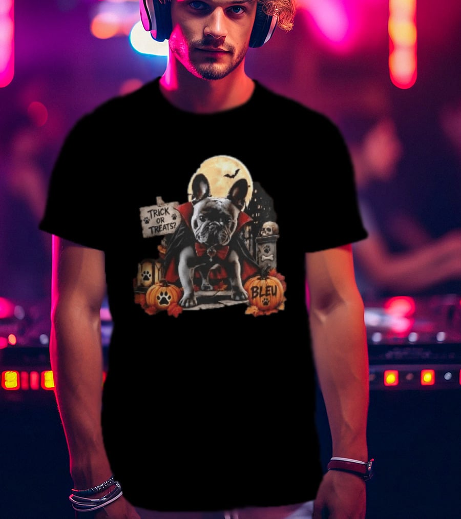 Trick Or Treats Bleu French Bulldog Vampire Cape Moon Pumpkins Halloween Scene T-Shirt