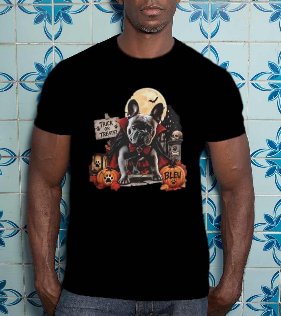 Trick Or Treats Bleu French Bulldog Vampire Cape Moon Pumpkins Halloween Scene T-Shirt