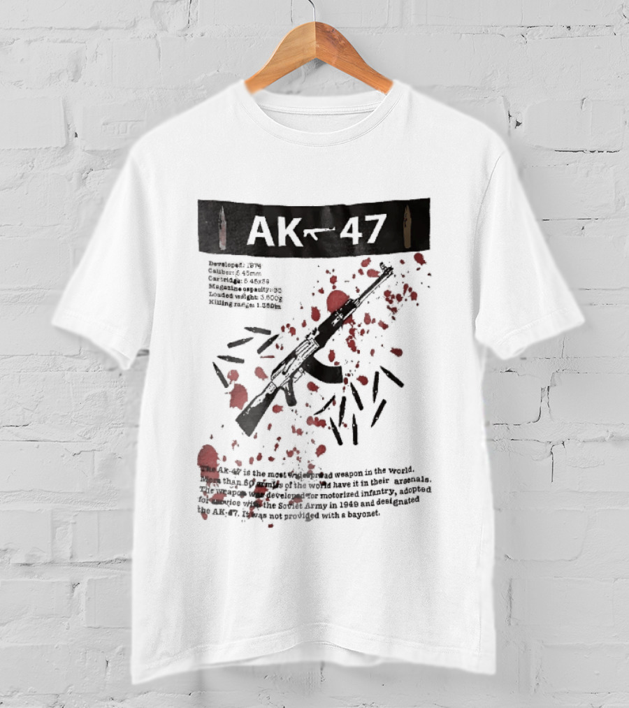 AK 47 1949 Rifle Sketch Red Blood Splatter Bullets Widespread Weapon Statistics T-Shirt