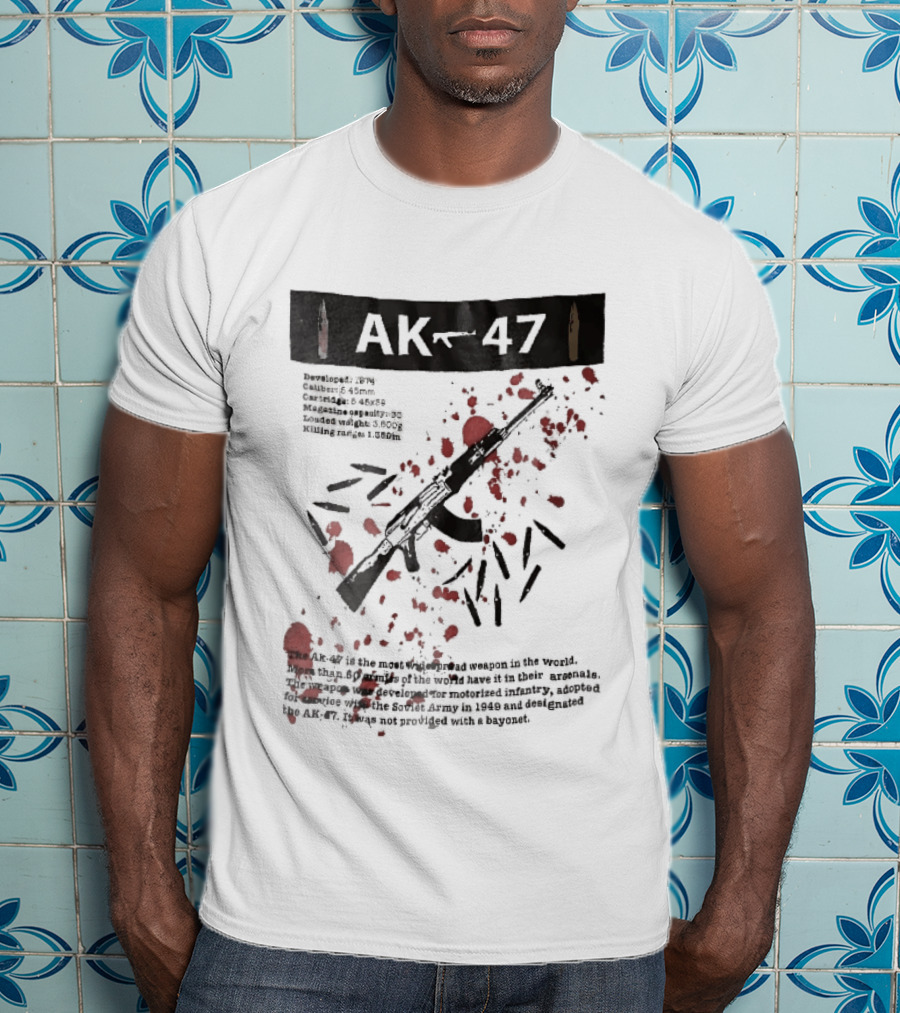AK 47 1949 Rifle Sketch Red Blood Splatter Bullets Widespread Weapon Statistics T-Shirt