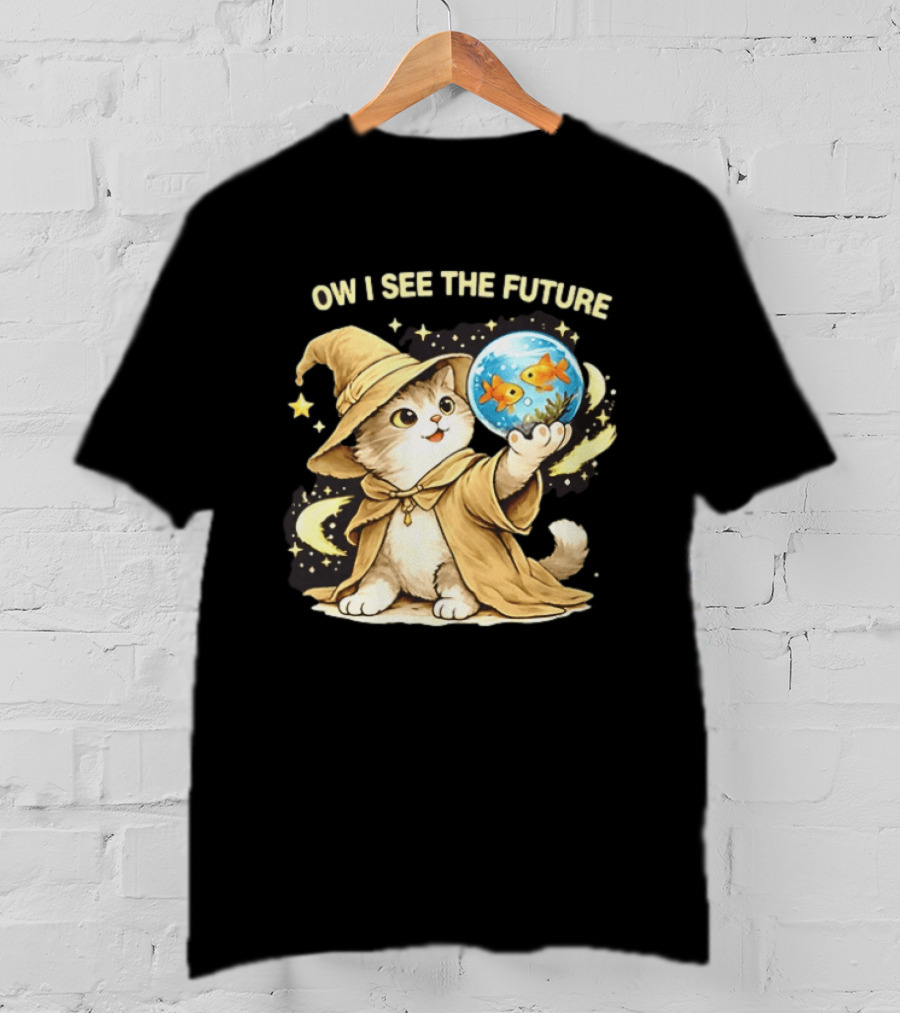 Wizard Cat Halloween Ow I See The Future Goldfish T-Shirt