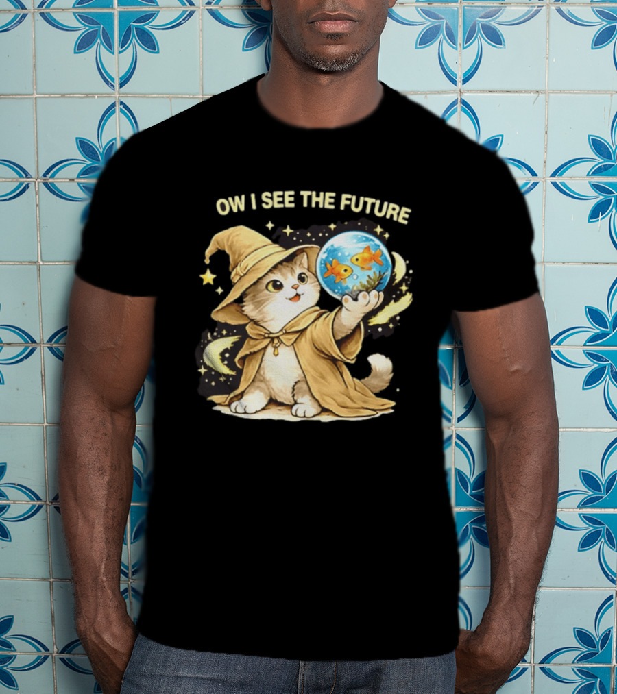 Wizard Cat Halloween Ow I See The Future Goldfish T-Shirt