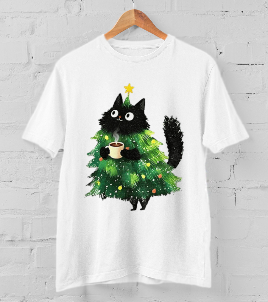 Black Cat Christmas Tree With Hot Coffee Cup T-Shirt
