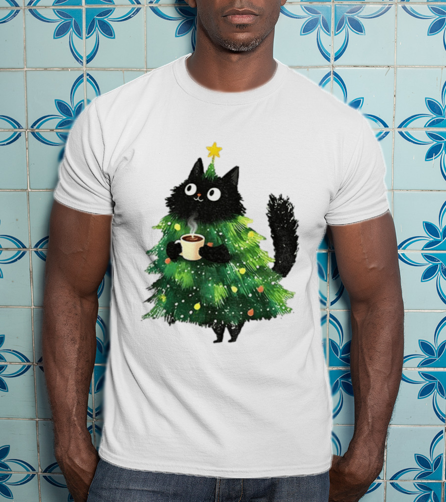 Black Cat Christmas Tree With Hot Coffee Cup T-Shirt