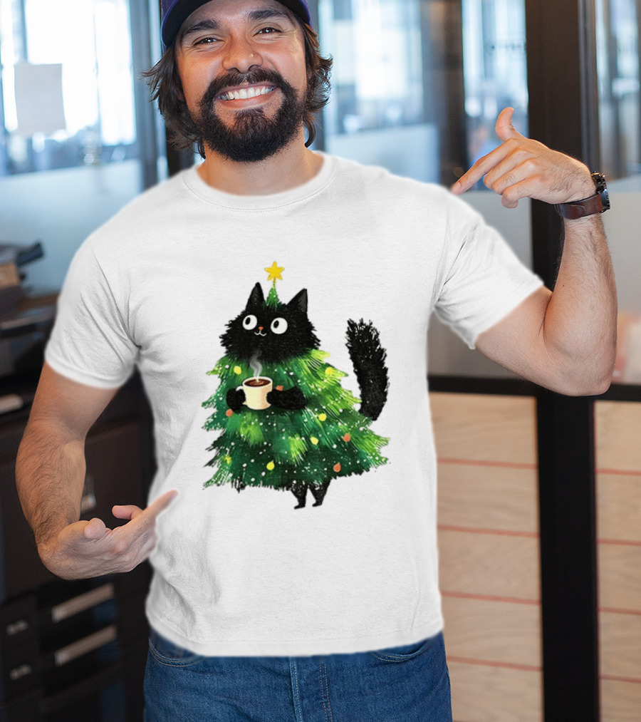 Black Cat Christmas Tree With Hot Coffee Cup T-Shirt