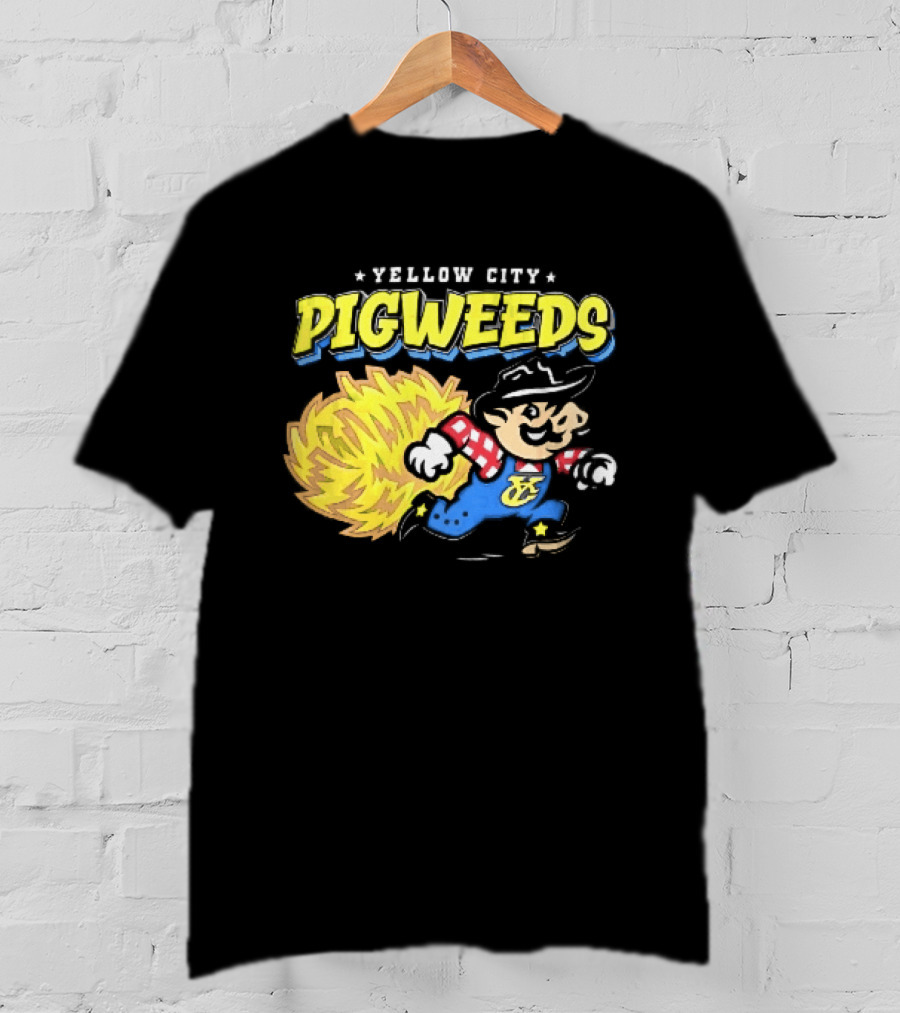 Yellow City Pigweeds Cartoon Cowboy Overalls Tumbleweed Running T-Shirt