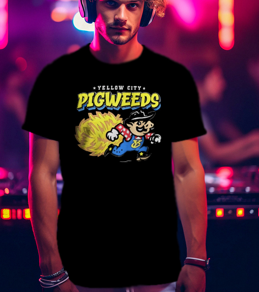 Yellow City Pigweeds Cartoon Cowboy Overalls Tumbleweed Running T-Shirt