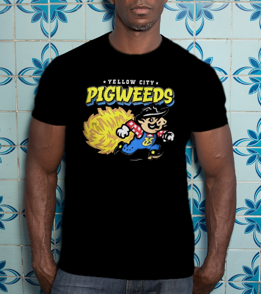 Yellow City Pigweeds Cartoon Cowboy Overalls Tumbleweed Running T-Shirt