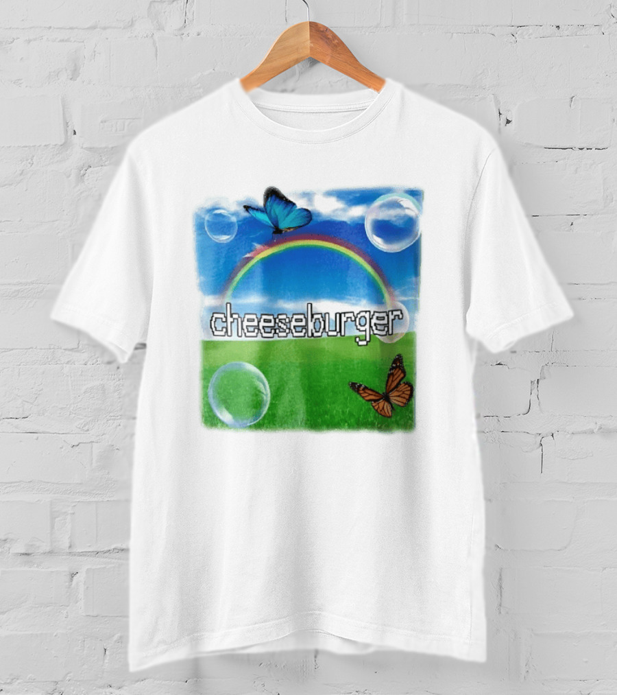 Cheeseburger Pixel Text Rainbow Butterflies Floating Bubbles T-Shirt