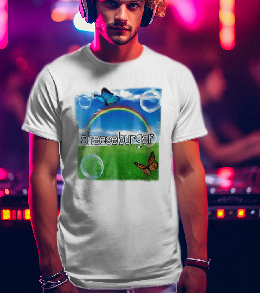 Cheeseburger Pixel Text Rainbow Butterflies Floating Bubbles T-Shirt