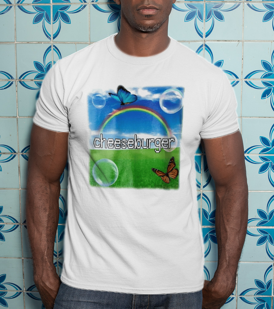 Cheeseburger Pixel Text Rainbow Butterflies Floating Bubbles T-Shirt