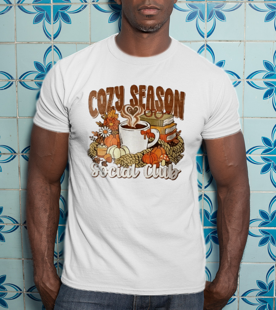 Cozy Season Social Club Coffee Books Pumpkins Knitted Blanket Autumn Vibes T-Shirt