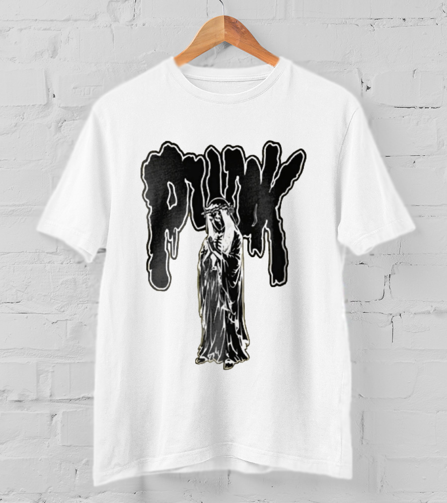 Punk Dripping Hooded Skeleton Praying Crown Of Thorns T-Shirt