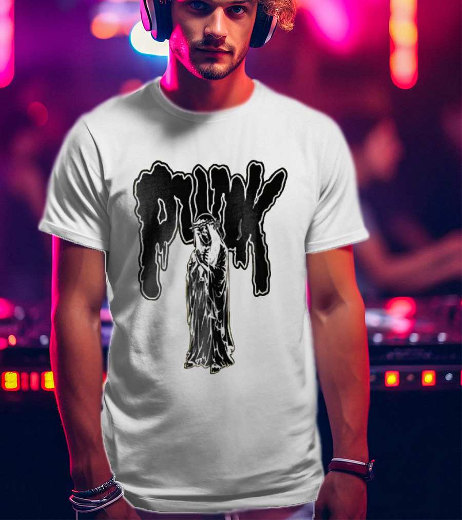 Punk Dripping Hooded Skeleton Praying Crown Of Thorns T-Shirt