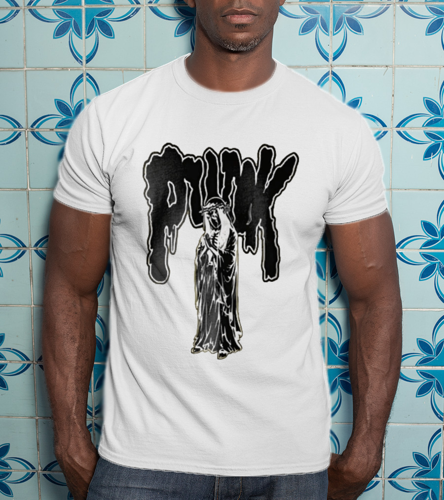 Punk Dripping Hooded Skeleton Praying Crown Of Thorns T-Shirt
