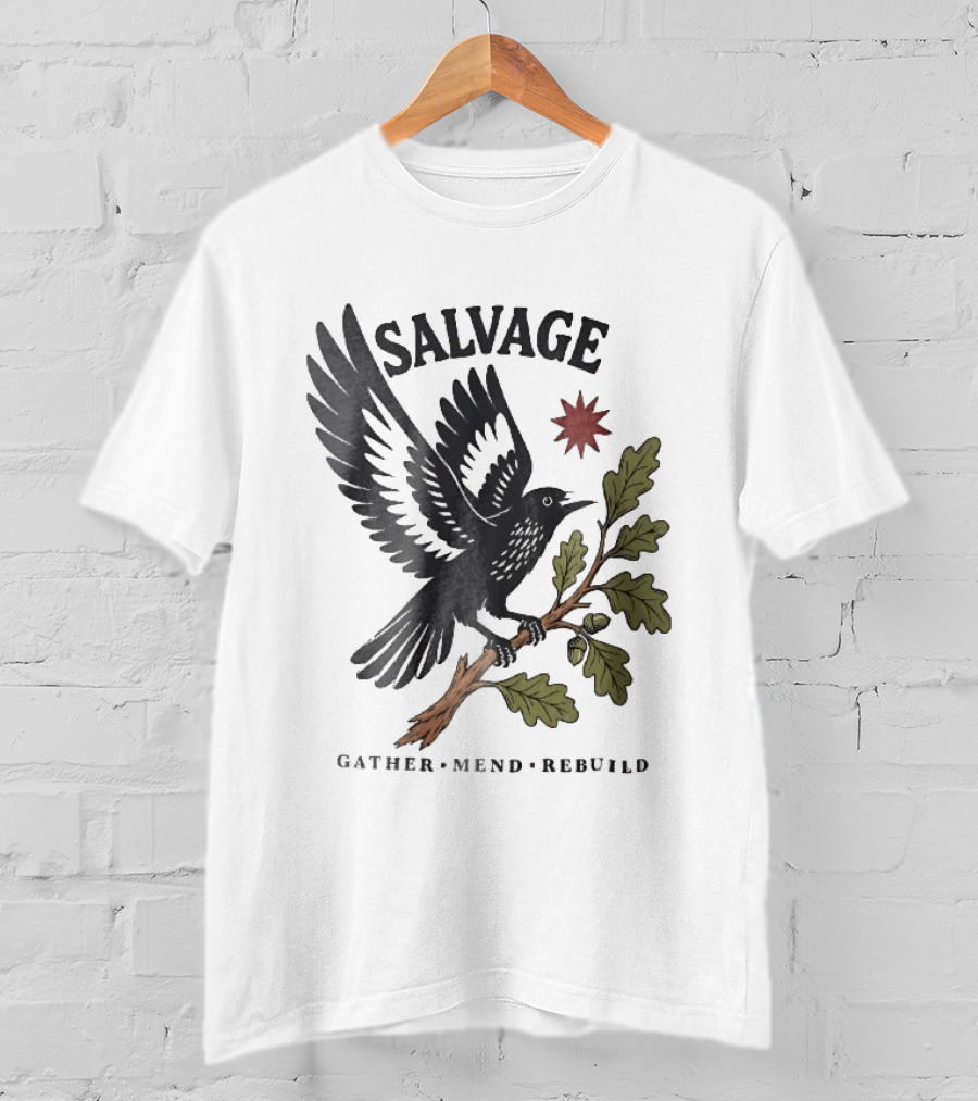 Salvage Gather Mend Rebuild Bird On Oak Branch With Acorns T-Shirt