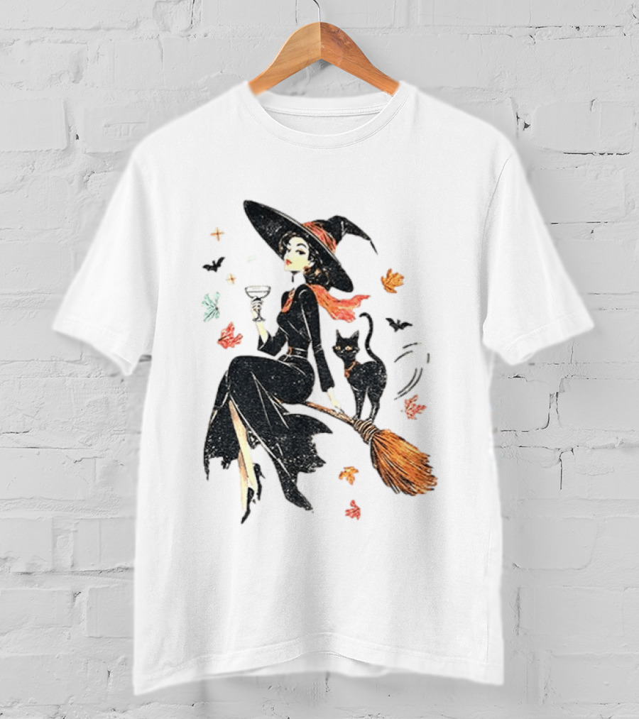 Witch Cat Ringer Spooky Fall Pumpkin Halloween Vintage Witch And Black Cat On Broomstick With Coffee Cup And Autumn Leaves T-Shirt