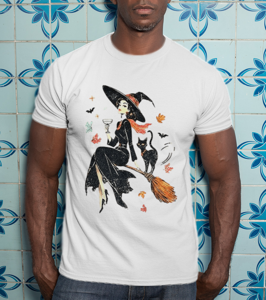 Witch Cat Ringer Spooky Fall Pumpkin Halloween Vintage Witch And Black Cat On Broomstick With Coffee Cup And Autumn Leaves T-Shirt