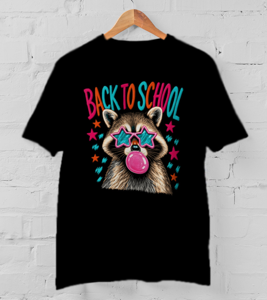 Back To School Raccoon Bubble Gum Star Sunglasses Fun Fashion T-Shirt