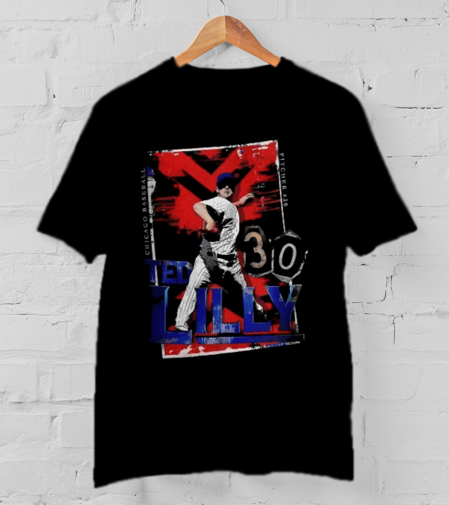 Chicago Baseball MLB Pitcher Ted Lilly 30 Distressed Red Black Collage Throwing Photo T-Shirt