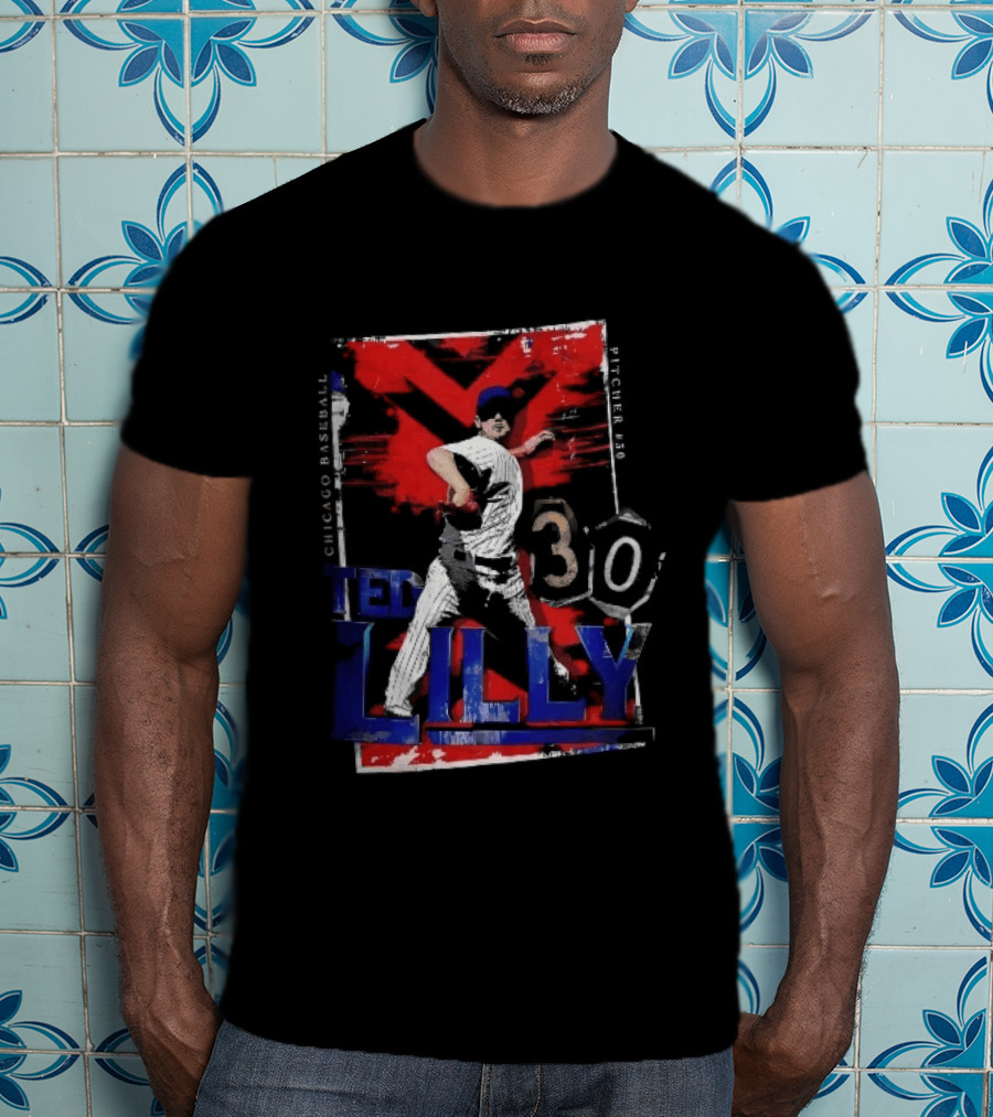 Chicago Baseball MLB Pitcher Ted Lilly 30 Distressed Red Black Collage Throwing Photo T-Shirt