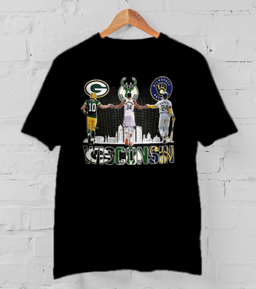 Green Bay Packers Milwaukee Bucks Brewers Wisconsin Antetokounmpo Contreras Love Skyline T-Shirt