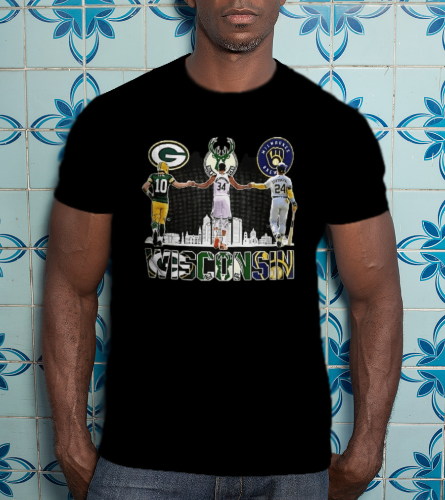 Green Bay Packers Milwaukee Bucks Brewers Wisconsin Antetokounmpo Contreras Love Skyline T-Shirt