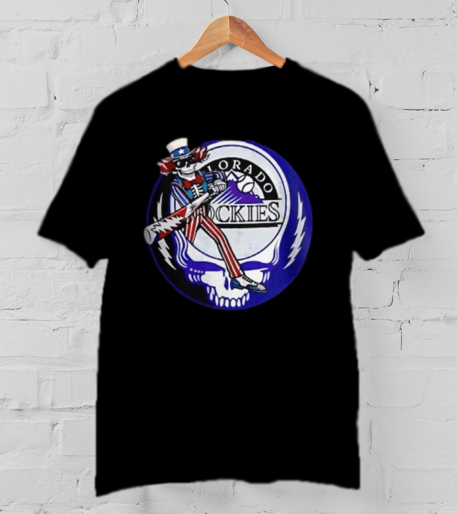 Colorado Rockies Grateful Dead Uncle Sam Skeleton Batting Lightning Stealie Skull T-Shirt