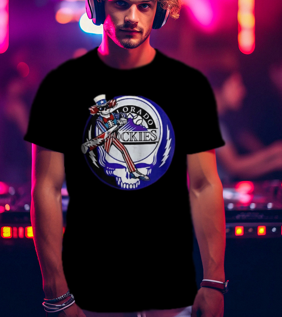 Colorado Rockies Grateful Dead Uncle Sam Skeleton Batting Lightning Stealie Skull T-Shirt