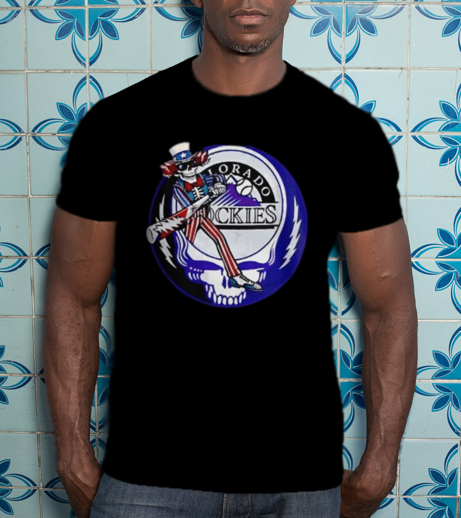 Colorado Rockies Grateful Dead Uncle Sam Skeleton Batting Lightning Stealie Skull T-Shirt