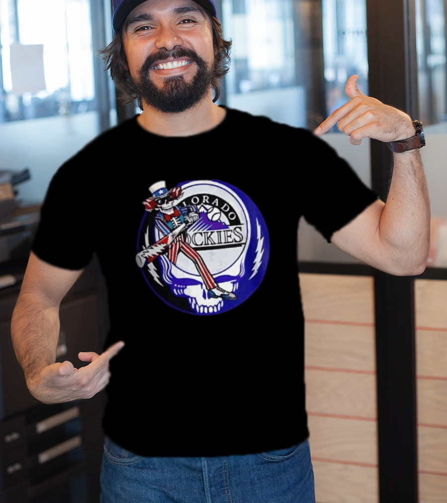 Colorado Rockies Grateful Dead Uncle Sam Skeleton Batting Lightning Stealie Skull T-Shirt