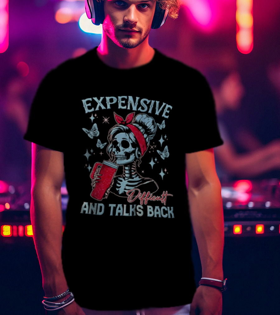 Expensive Difficult And Talks Back Skeleton With Glitter Tumbler Butterflies Stars Red Bandana T-Shirt