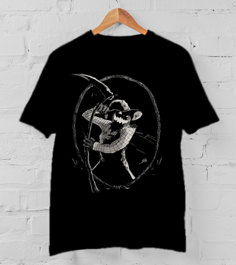 Jack O Lantern Scarecrow Holding Scythe Oval Twig Frame T-Shirt