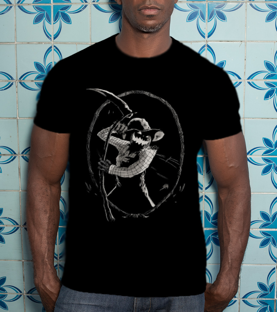Jack O Lantern Scarecrow Holding Scythe Oval Twig Frame T-Shirt