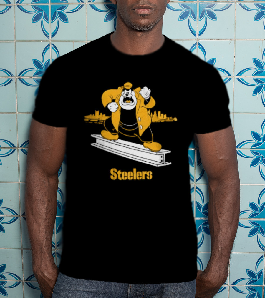 Pittsburgh Steelers Cartoon Pete On Steel Beam Cityscape T-Shirt