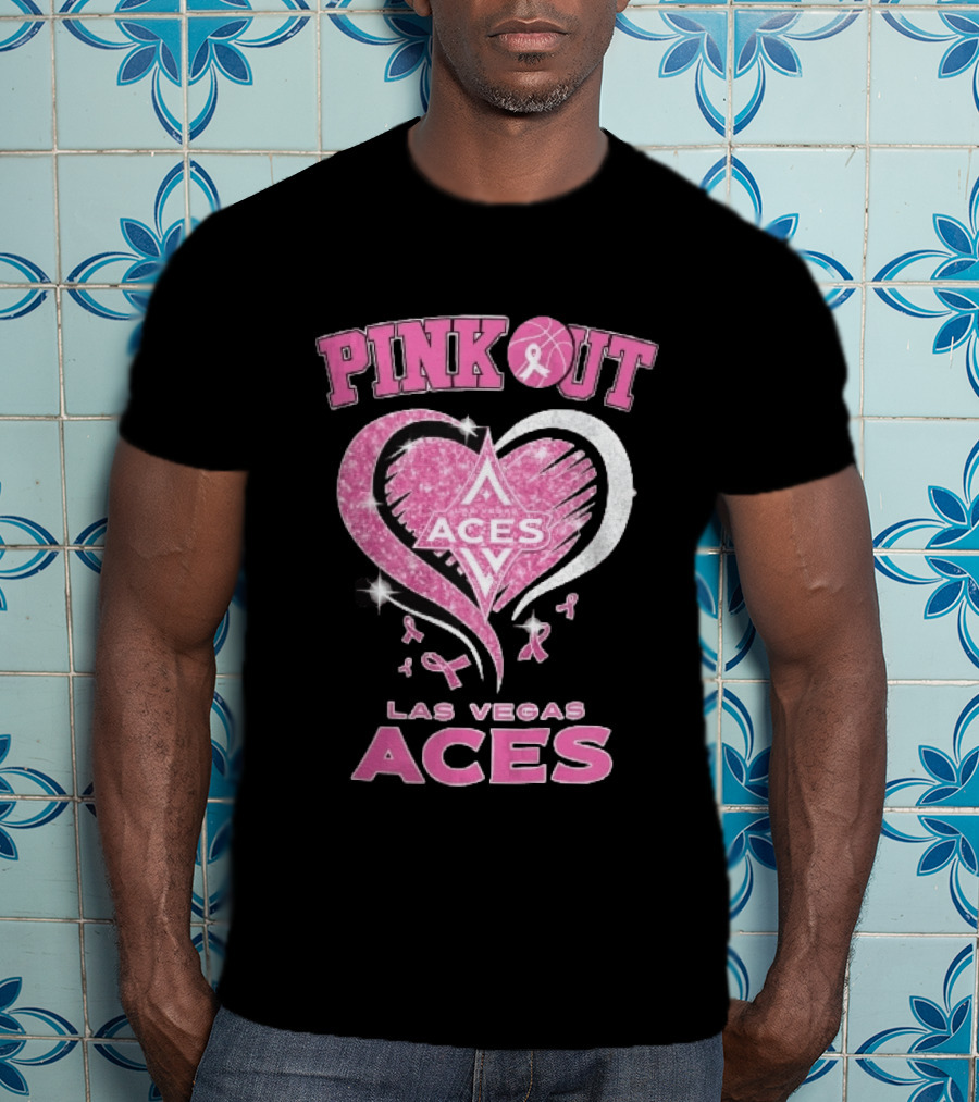 Las Vegas Aces Pink Out Glitter Heart Breast Cancer Awareness Ribbons WNBA T-Shirt
