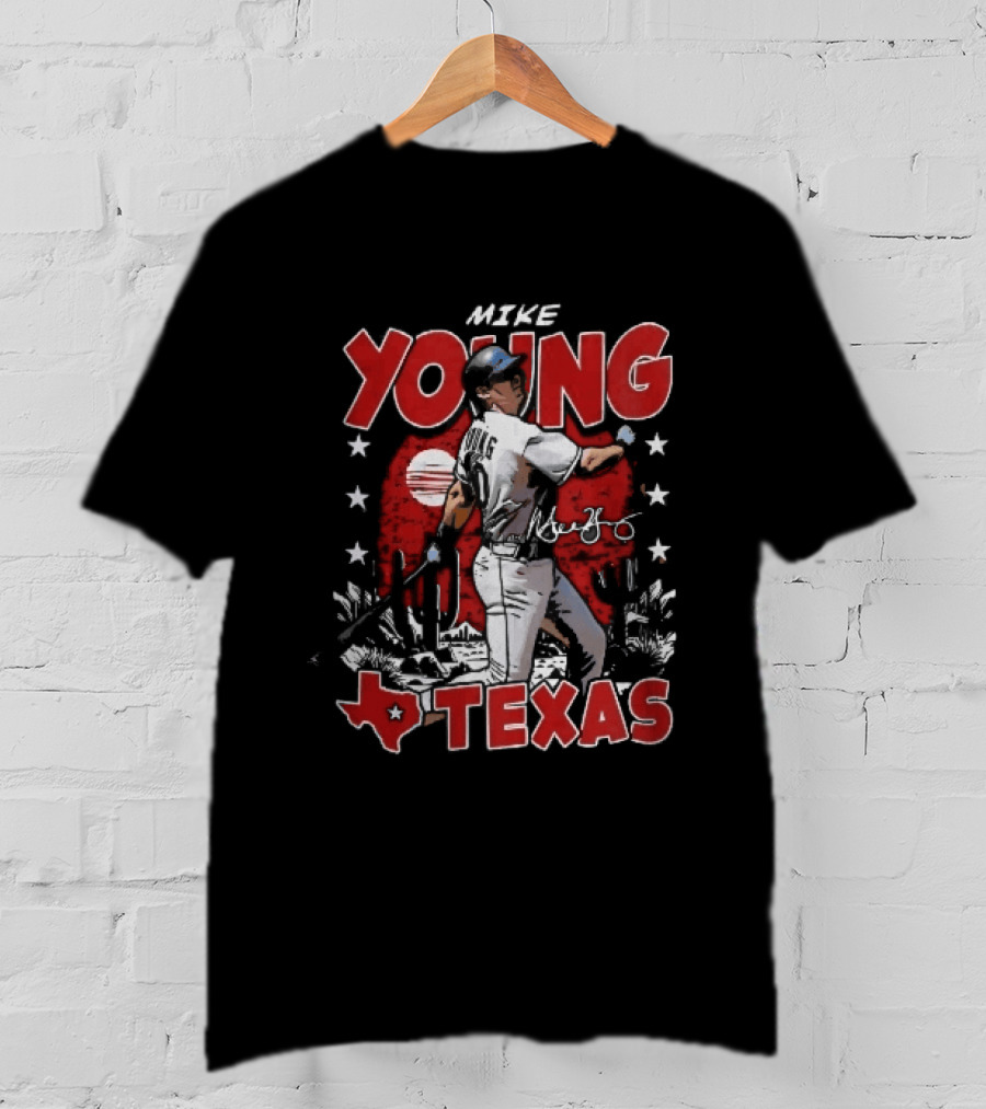 Texas Rangers MLB Mike Young Batting Cactus Red Sunset Stars T-Shirt