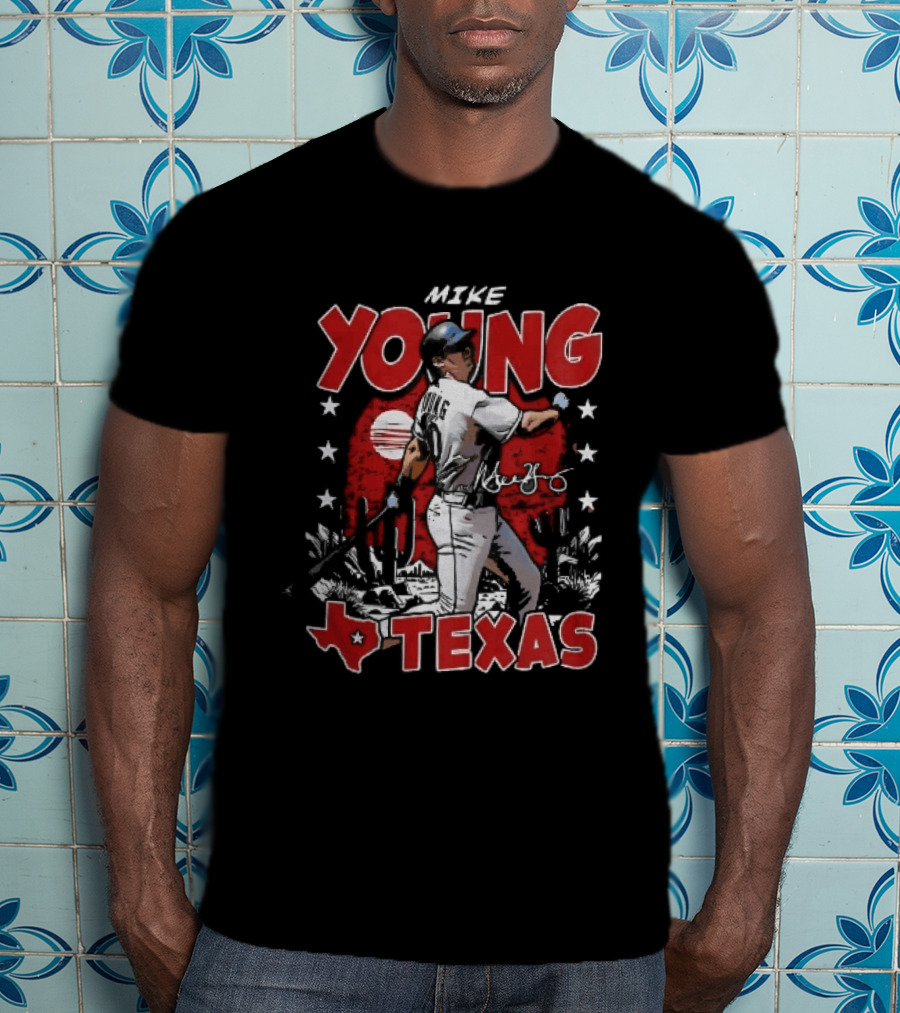 Texas Rangers MLB Mike Young Batting Cactus Red Sunset Stars T-Shirt