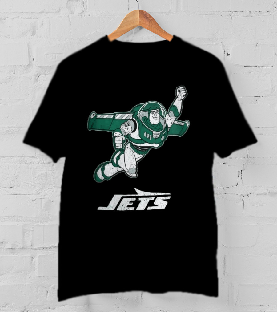 Buzz Lightyear Flying New York Jets Distressed Cartoon T-Shirt