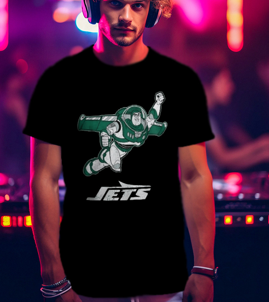 Buzz Lightyear Flying New York Jets Distressed Cartoon T-Shirt