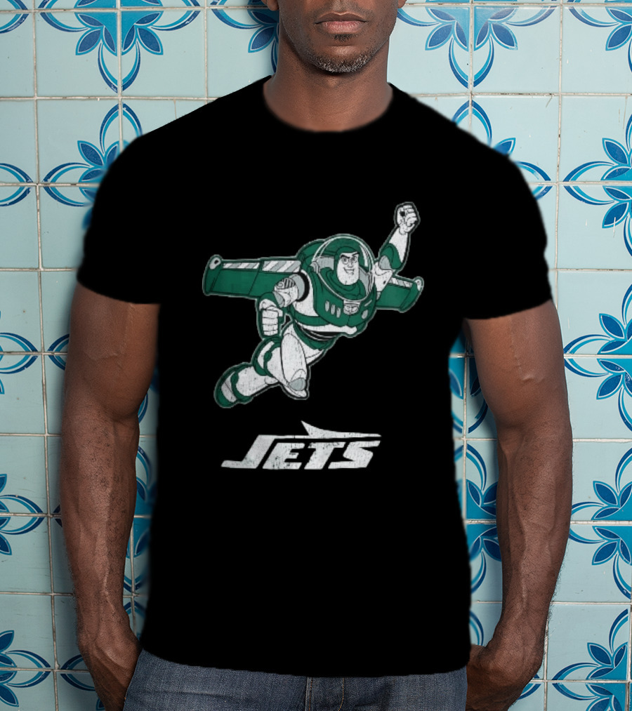 Buzz Lightyear Flying New York Jets Distressed Cartoon T-Shirt