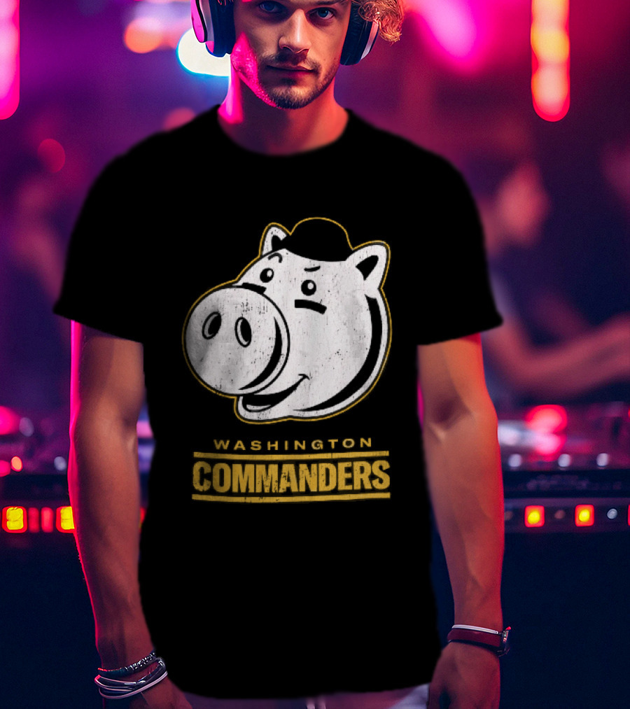 Washington Commanders Distressed Cartoon Pig Hog Hat T-Shirt
