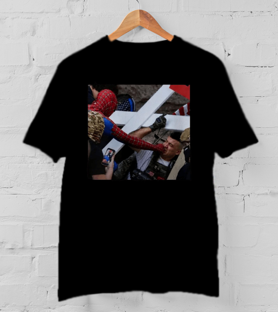 Spiderman Punching Man Holding Cross And Flag Image T-Shirt