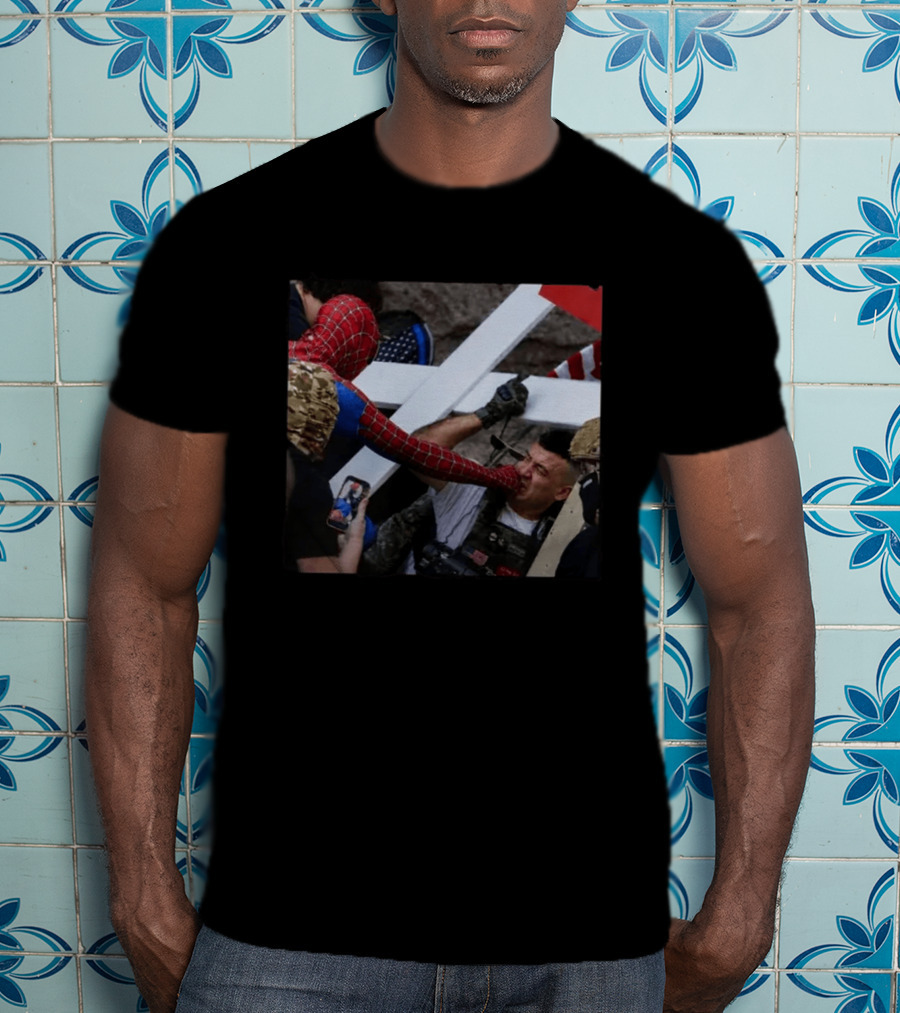 Spiderman Punching Man Holding Cross And Flag Image T-Shirt