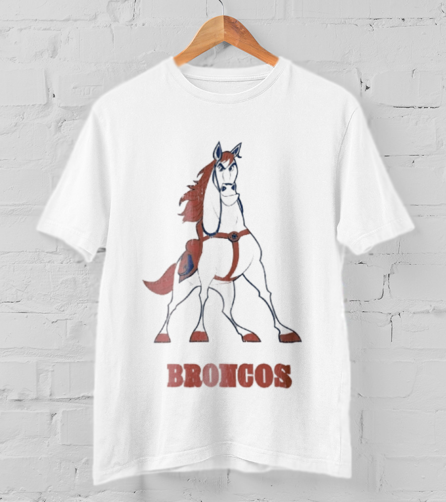 Denver Broncos Cartoon White Horse Orange Mane Harness Broncos T-Shirt