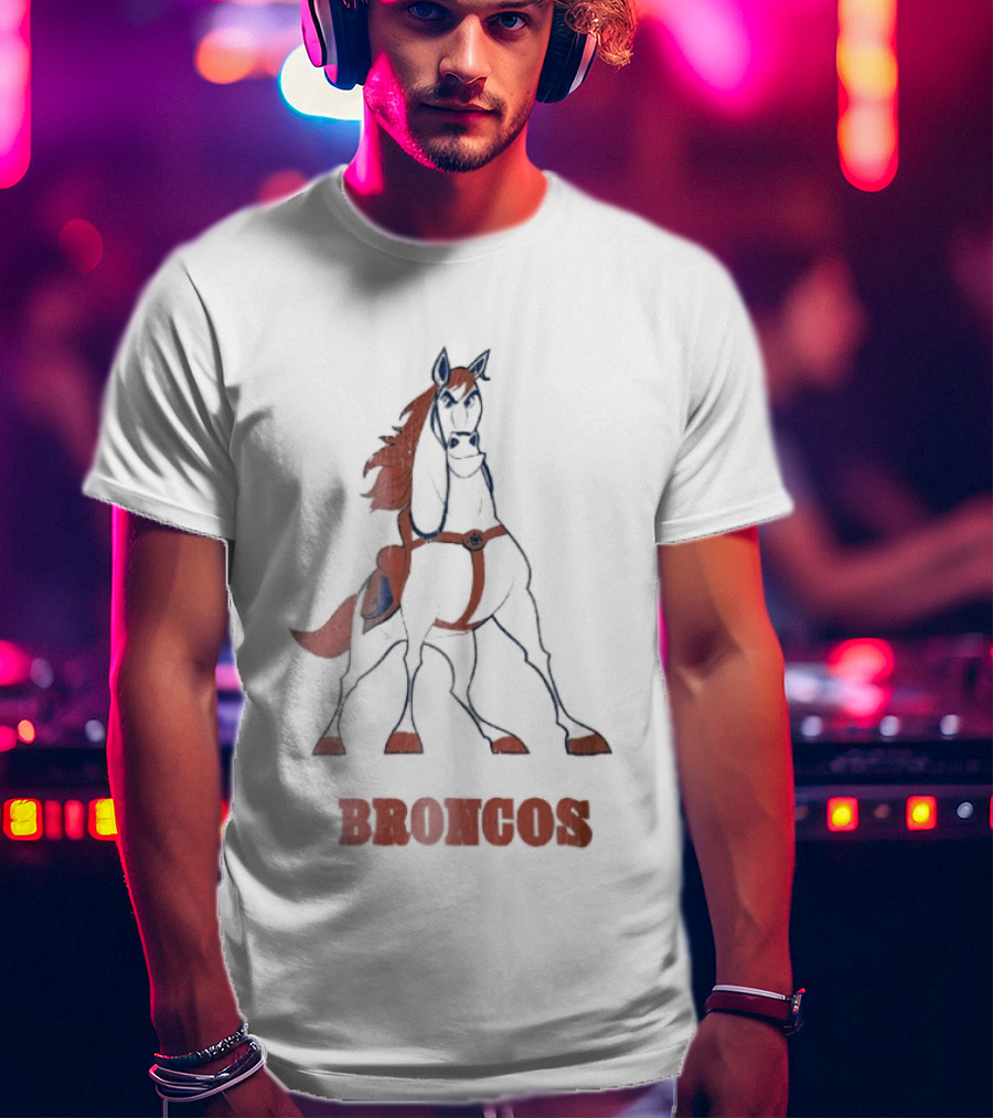 Denver Broncos Cartoon White Horse Orange Mane Harness Broncos T-Shirt