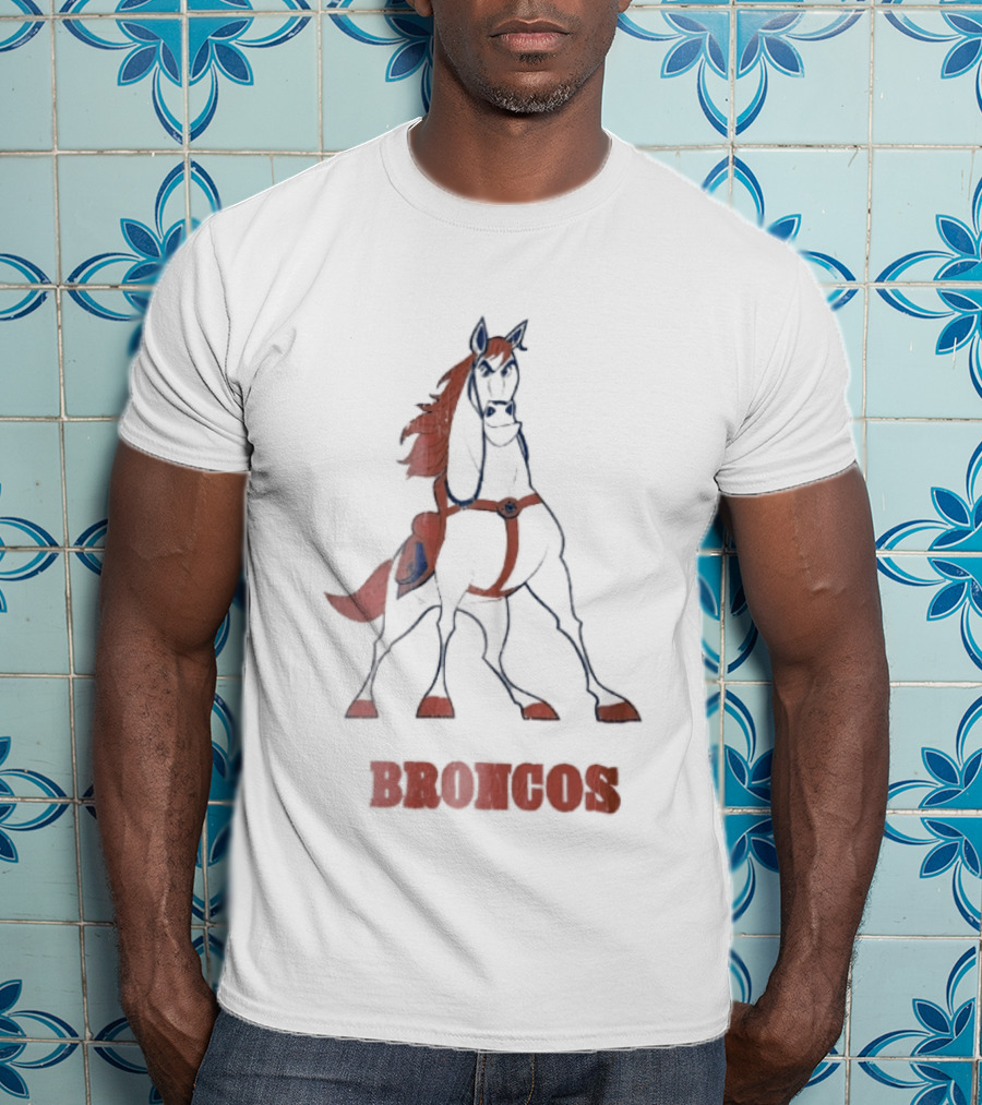 Denver Broncos Cartoon White Horse Orange Mane Harness Broncos T-Shirt