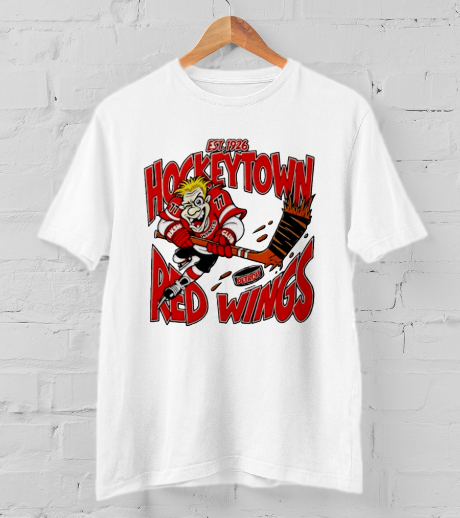 Detroit Red Wings Hockeytown Est. 1926 Vintage Cartoon Player With Flaming Hockey Stick T-Shirt