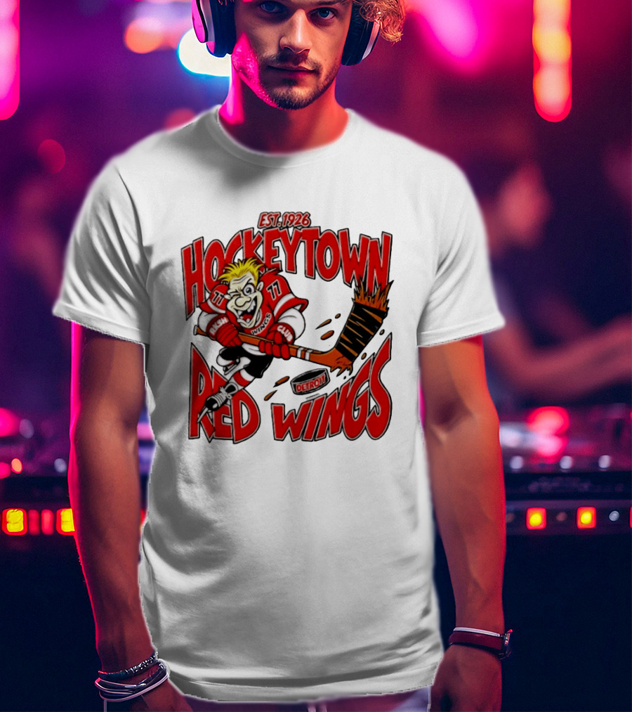 Detroit Red Wings Hockeytown Est. 1926 Vintage Cartoon Player With Flaming Hockey Stick T-Shirt